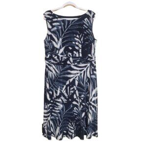 NorthStyle Dress Midi Tropical Palm Leaves Blue Sleeveless Pullover 18W